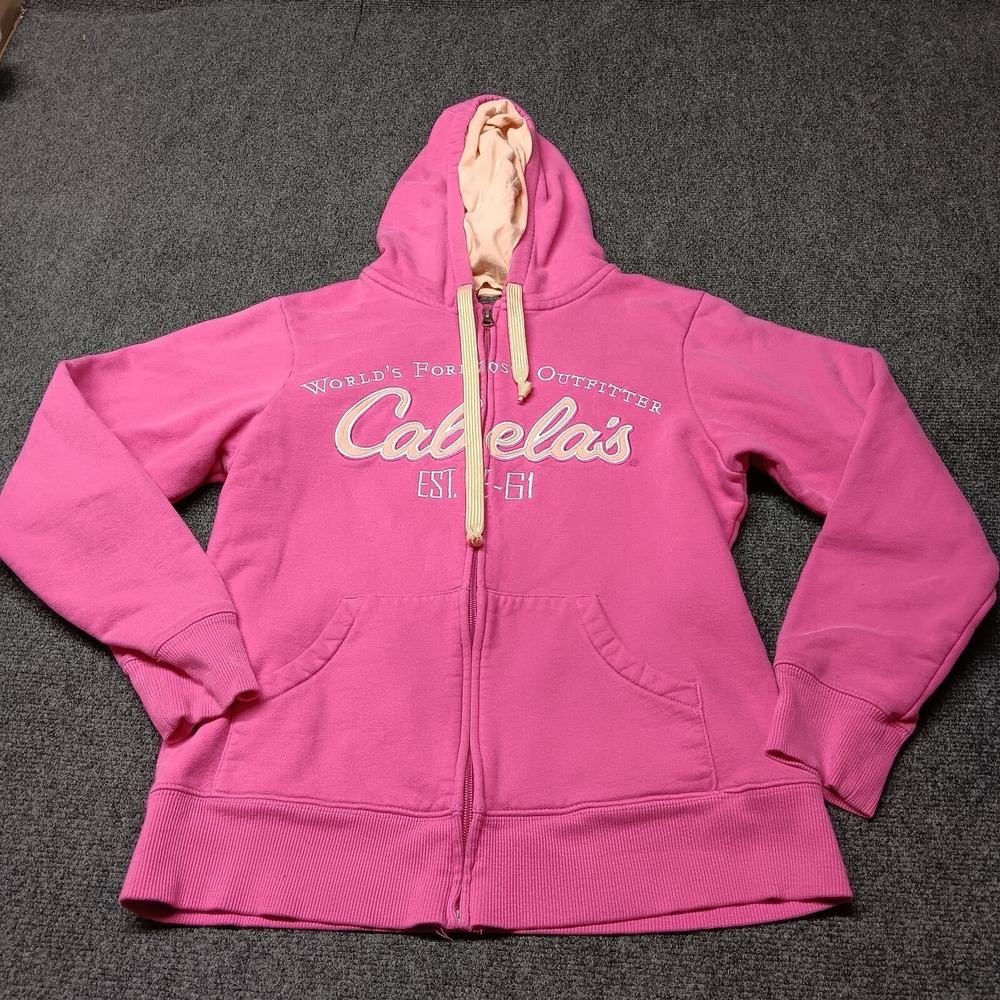 Cabelas Hoodie Women‎ Small Pink Full Zip Sweater Jacket Sewn Logo Outdoor